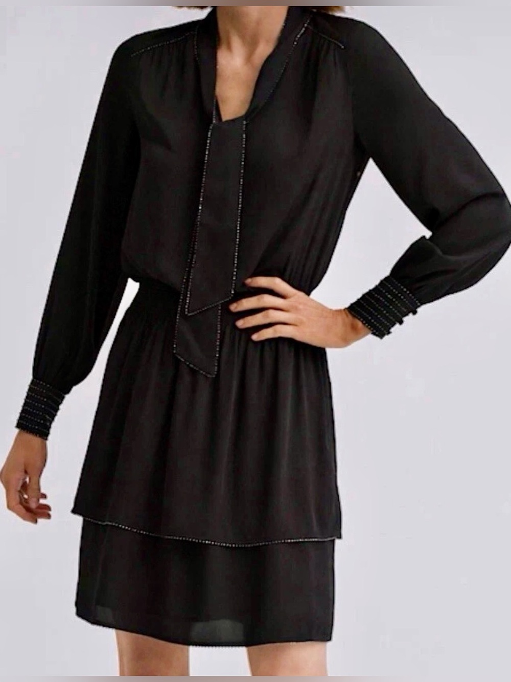 Parker Tie Neck Beaded Long Sleeve Ruffle Silk Black Dress size S